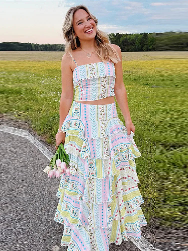 Vacation Floral Printed Cascading Ruffle Skirt Sets Women Sleeveless Sling Top Cake Long Skirts 2026 Summer Holiday Sweet Outfit