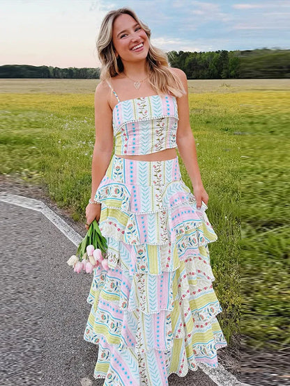 Vacation Floral Printed Cascading Ruffle Skirt Sets Women Sleeveless Sling Top Cake Long Skirts 2026 Summer Holiday Sweet Outfit