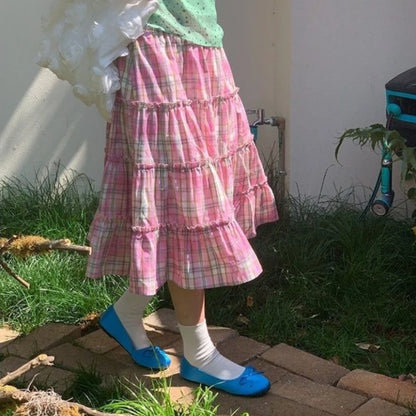 Korean Style Fashion Vinntage Y2K Pink Plaid Ruffle A-Line Midi Skirt Summer Sweet Kawaii Cute High Waist Long Skirts for Women