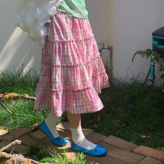 Korean Style Fashion Vinntage Y2K Pink Plaid Ruffle A-Line Midi Skirt Summer Sweet Kawaii Cute High Waist Long Skirts for Women