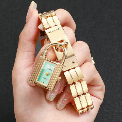 Fashion Blue Lock Shape Women Quartz Watch Golden Bracelet Strap Ladies Dress Wristwatches Clock Relogio Feminino（Without Box）