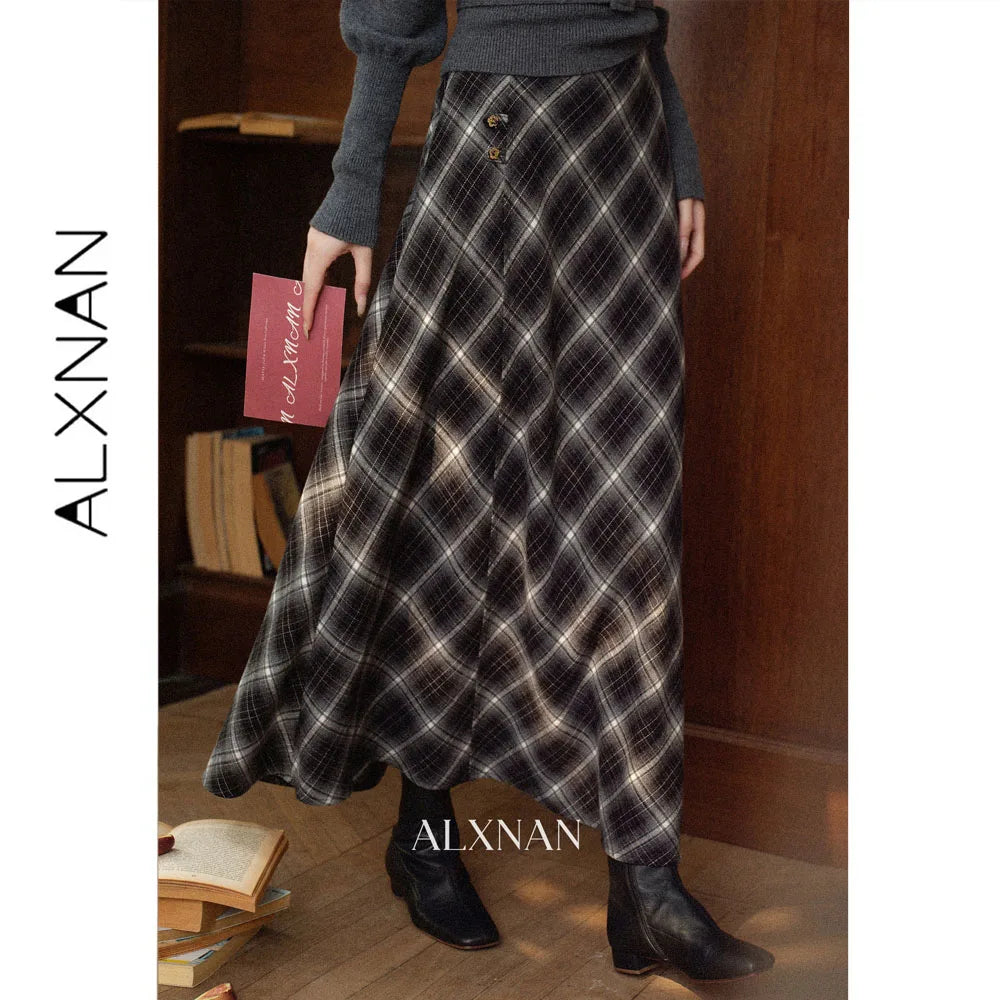 ALXNAN Black Grey Plaid Midi Skirt Autumn New Vintage Plaid High Waist Flared Women's Long Skirt Elegant Female Clothing L68321