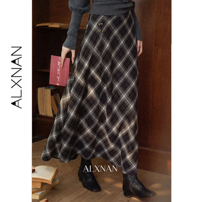 ALXNAN Black Grey Plaid Midi Skirt Autumn New Vintage Plaid High Waist Flared Women's Long Skirt Elegant Female Clothing L68321