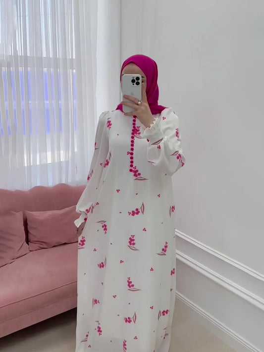 Eid Muslim Party Dress for Women Sweet Print Long Dresses Button Ramadan Morocco Vestidos Largos Dubai Turkey Robe Jalabiya 2024