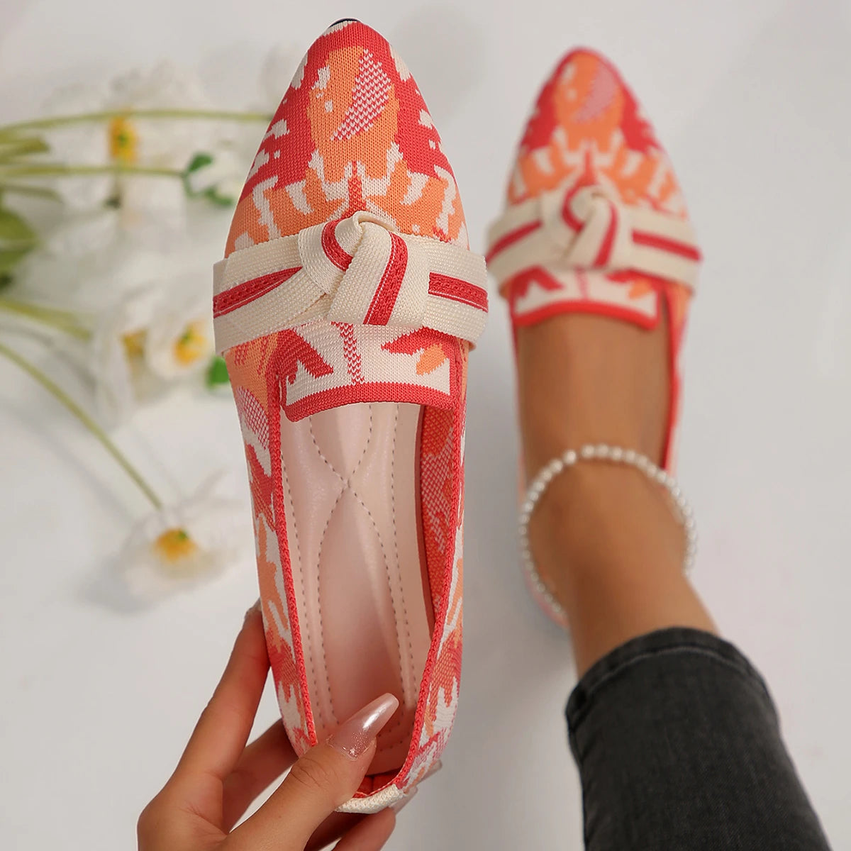Mesh slip-on bow breathable casual shoes comfortable flat shoes fashion pointed toe large size single shoes women Large Size 43