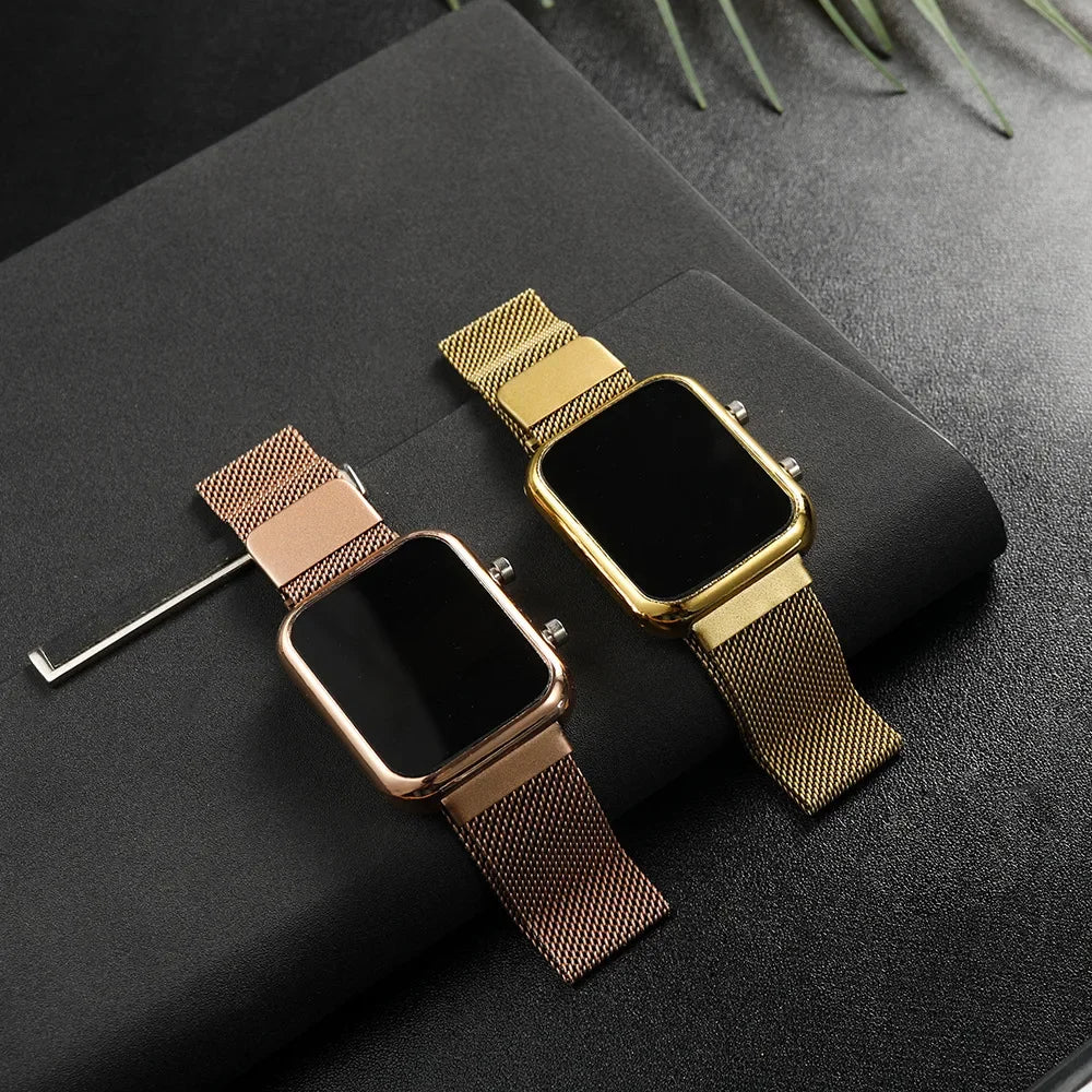 Fashion Rectangle Women LED Digital Watches Luxury Rose Gold Magnetic Mesh Band Electronic Wristwatches Ladies Clock Reloj Mujer