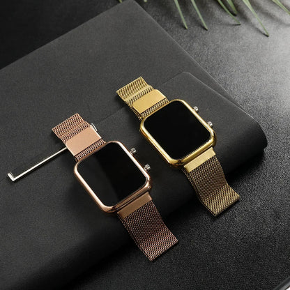 Fashion Rectangle Women LED Digital Watches Luxury Rose Gold Magnetic Mesh Band Electronic Wristwatches Ladies Clock Reloj Mujer