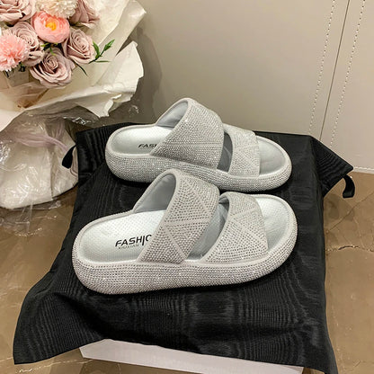 Fashion Flat Sandals Summer New Round Head Open Toe Crystal with Waterproof Table Anti-slip Wear-resistant Slippers