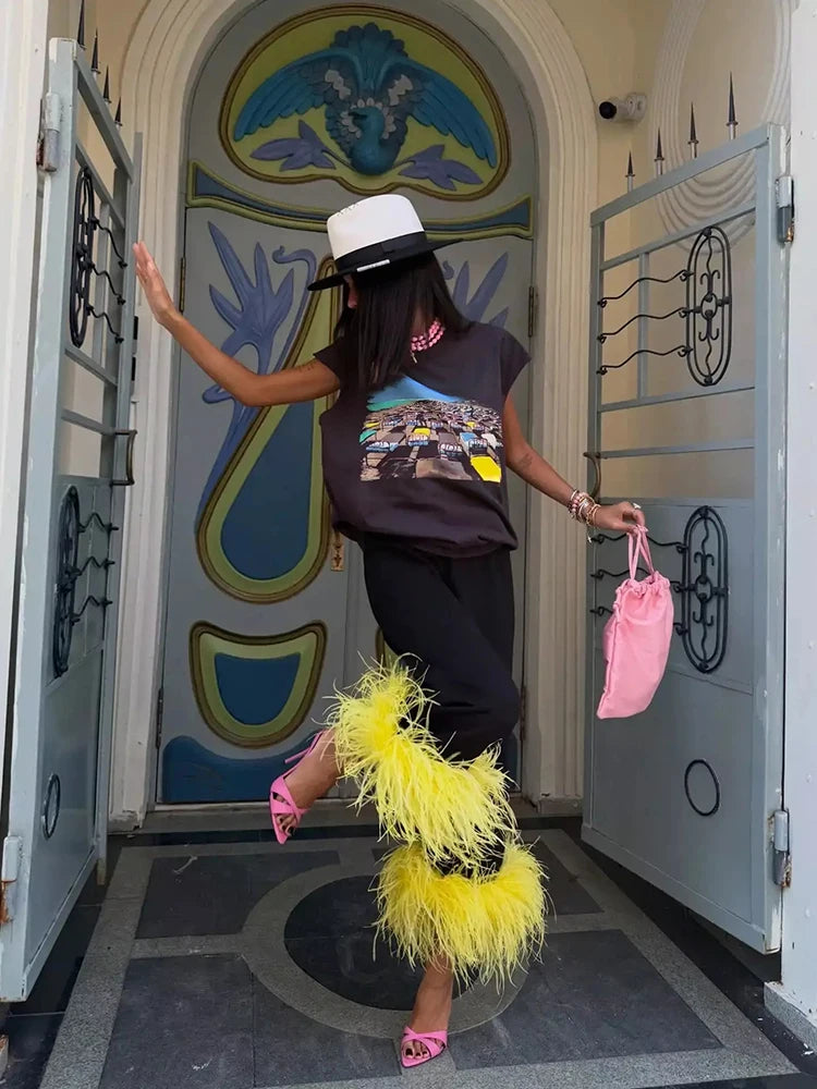 Women High Waist Straight Leg Long Pants Bright Feather Fuzzy Hem Decor Wide Trousers 2026 Fashion Causal Chic Party Bottoms