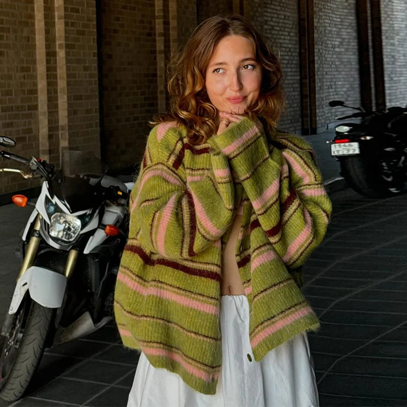 Women Marled Stripe Knit Jacket Pastel Hooded Zipper Long Sleeve Oversized Coat Lady 2026 Autumn Casual Beach Vacation Outerwear