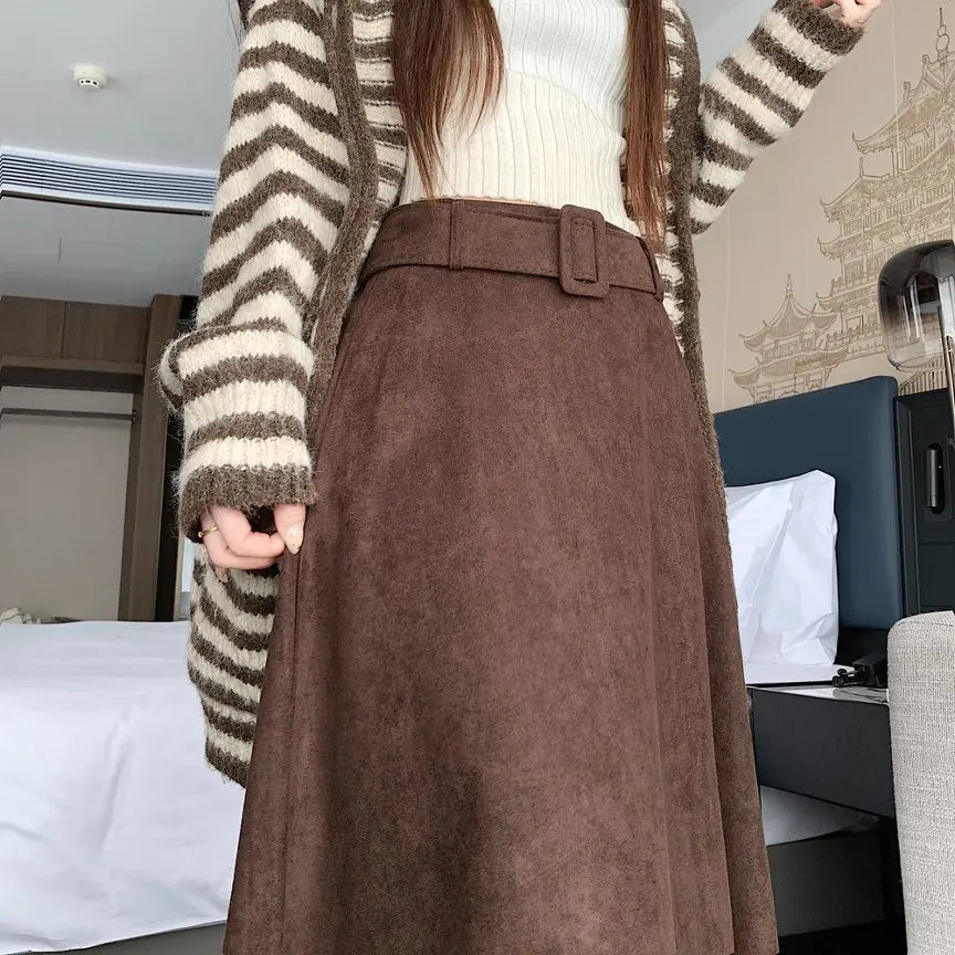 Qiukichonson Mid Long Skirts Womens Suede Skirt 2026 Autumn Winter Korea Vintage High Waist Ruffle Pleated Skirts Maxi With Belt