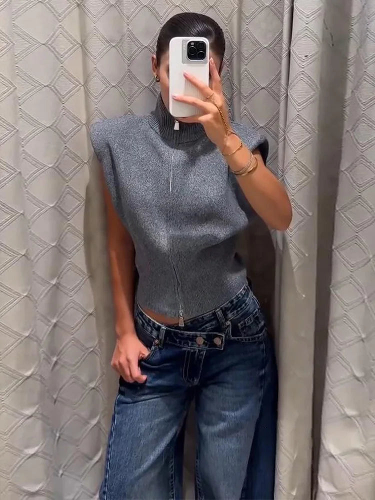 Women's Double Zipper Knit Vest Stand Collar Shoulder Pad Sleeveless Slim Cropped Sweater 2026 Autumn All-match Casual Outfits