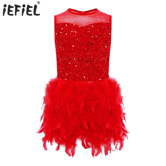 Kids Girls Ballet Leotard Dress Dance Performance Costume Long Sleeve Sheer Mesh Patchwork Sequins Feather Velvet Tulle Dress