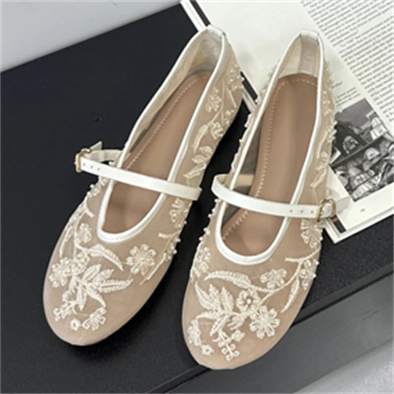 Aneikeh Fashion Spring Design Embroidery Flowers Flat Casual Ballet Dance Shoe Mary Jane  Mules Sandals 2026 Summer