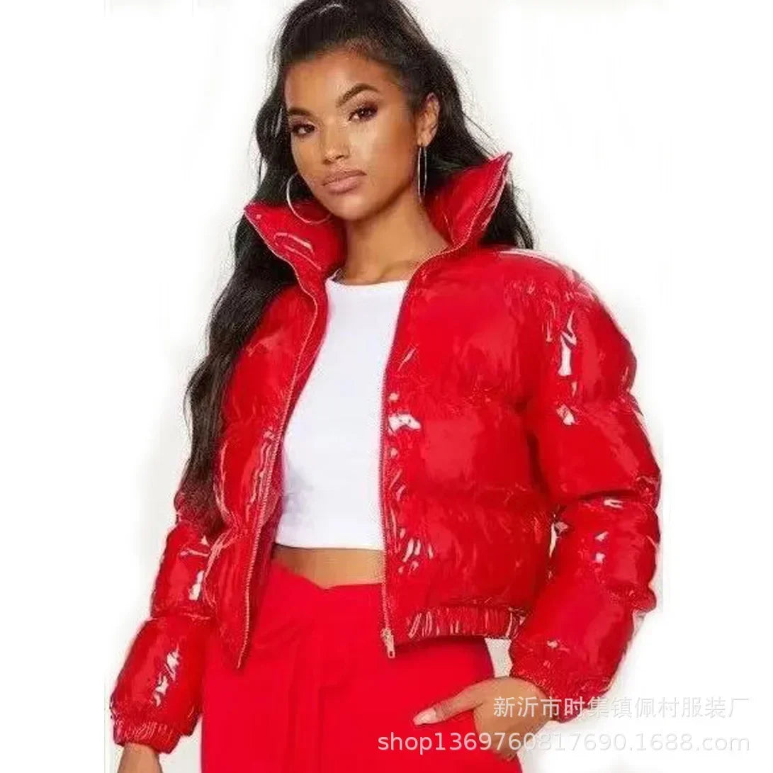 Women Cotton-padded Jacket Jacket Fashion Casual Glossy Long Sleeve Autumn And Winter Stand Collar Short Zipper Sexy Warm Street