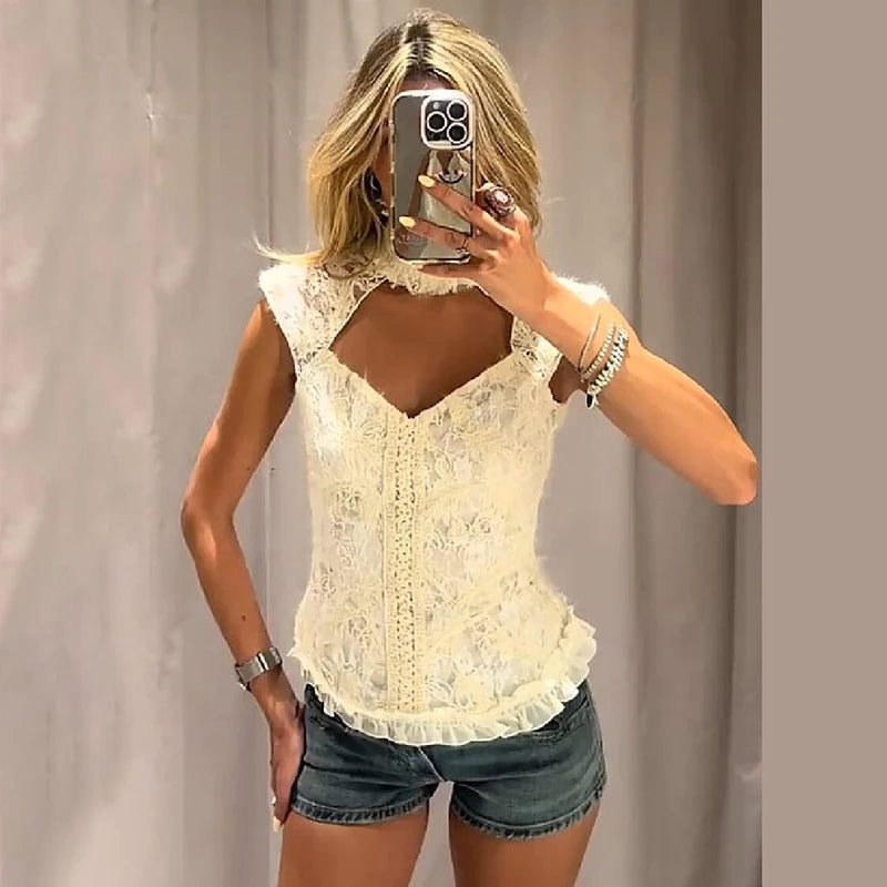 Elegant High Neck Cutout Lace Tank Tops Women Sleeveless Open Back Ruffles Hem Slim Ivory Floral Blouse 2026 New Daily Date Wear