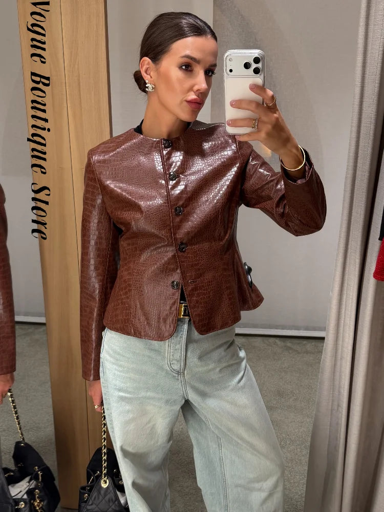Casual Women's Pu Leather Jacket Slim Single Breasted O-neck Lady Solid Coats 2026 Autumn Fashion Female Street Outerwear