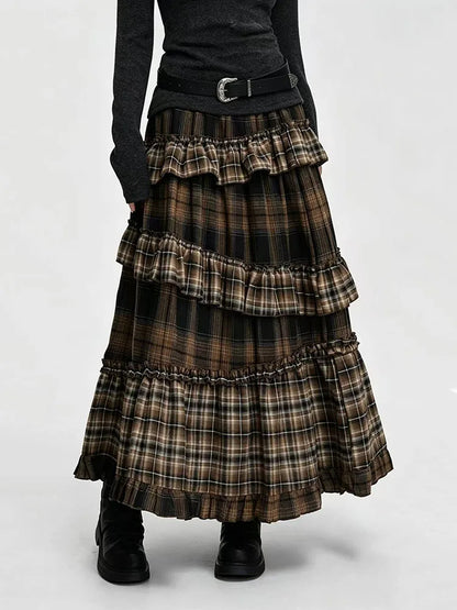 Vintage Plaid Patchwork Skirts for Women Japanese High Waist Ruffles Splicing Midi Skirts Y2K Harajuku Streetwear A Line Skirts