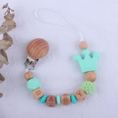 Handmade Beech Wood Baby Pacifier Chain Crown Silicone Beads Infant Appease Soother Clips Anti-Drop Dummy Holder Nipple Clip