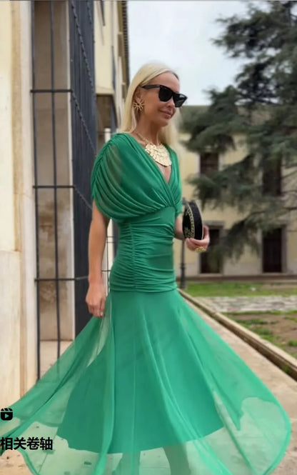 Women Solid Deep V-neck Mesh Long Dress Elegant Puff Short Sleeve Ruched Waist High Vestidos 2026 Summer Lady Casual Street Robe