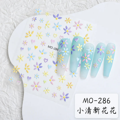 5D Embossed Nail Art Decals Elegant Petals Florals Daisy Flowers Leaves Adhesive Sliders Stickers For Manicure Tips Decoration