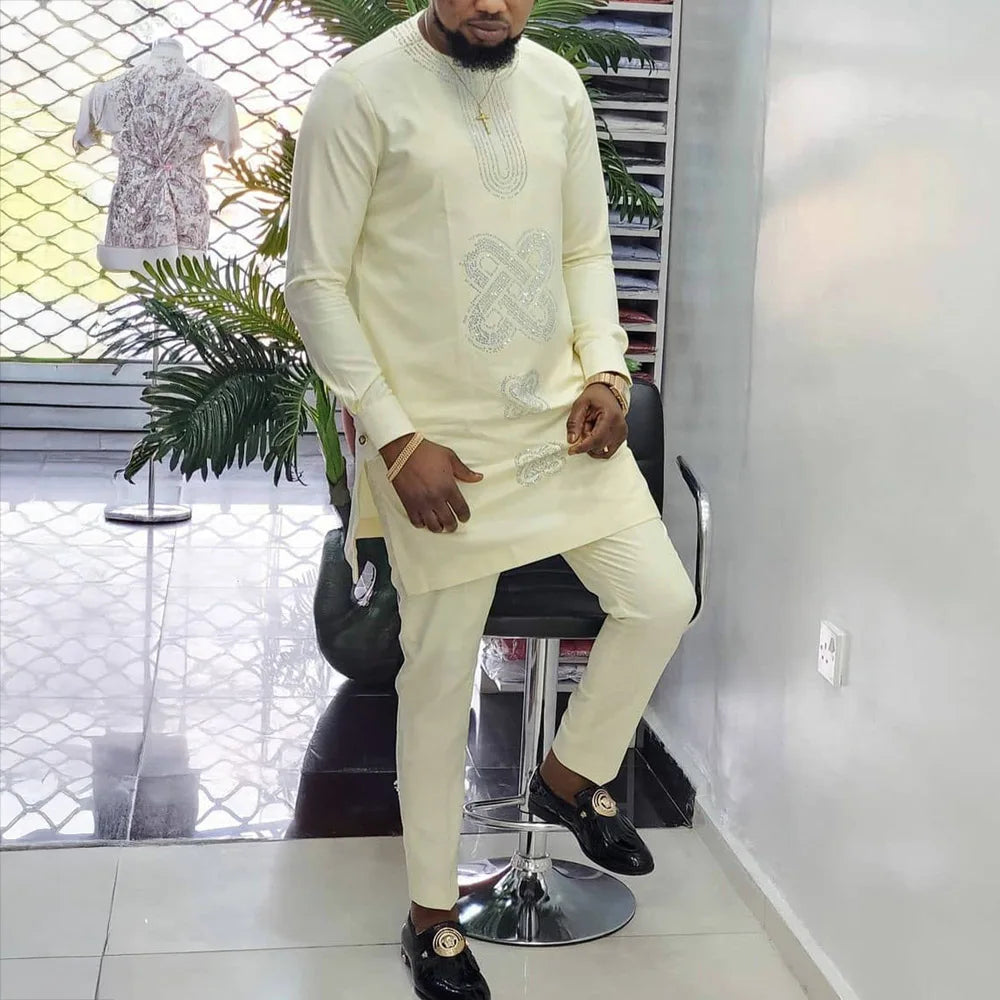 2025 African Men Dashiki Long Sleeve 2 Piece Set Traditional Outfit Africa Clothing White Men's Suit Male Shirt Pants Suits