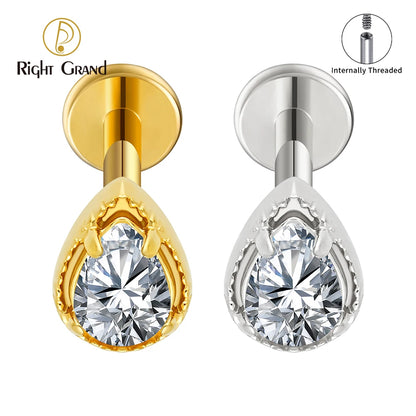 Right Grand ASTM F136 Titanium Teardrop CZ Cartilage Earring Threaded Labret Stud 16G Tiny Pear CZ Helix Conch Earlobe Piercing