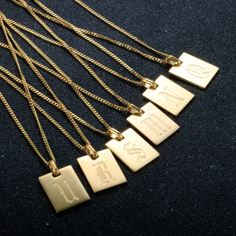 Murano Joias 26 Letters Stainless Steel Engraved Initial Old English Necklaces Custom Link