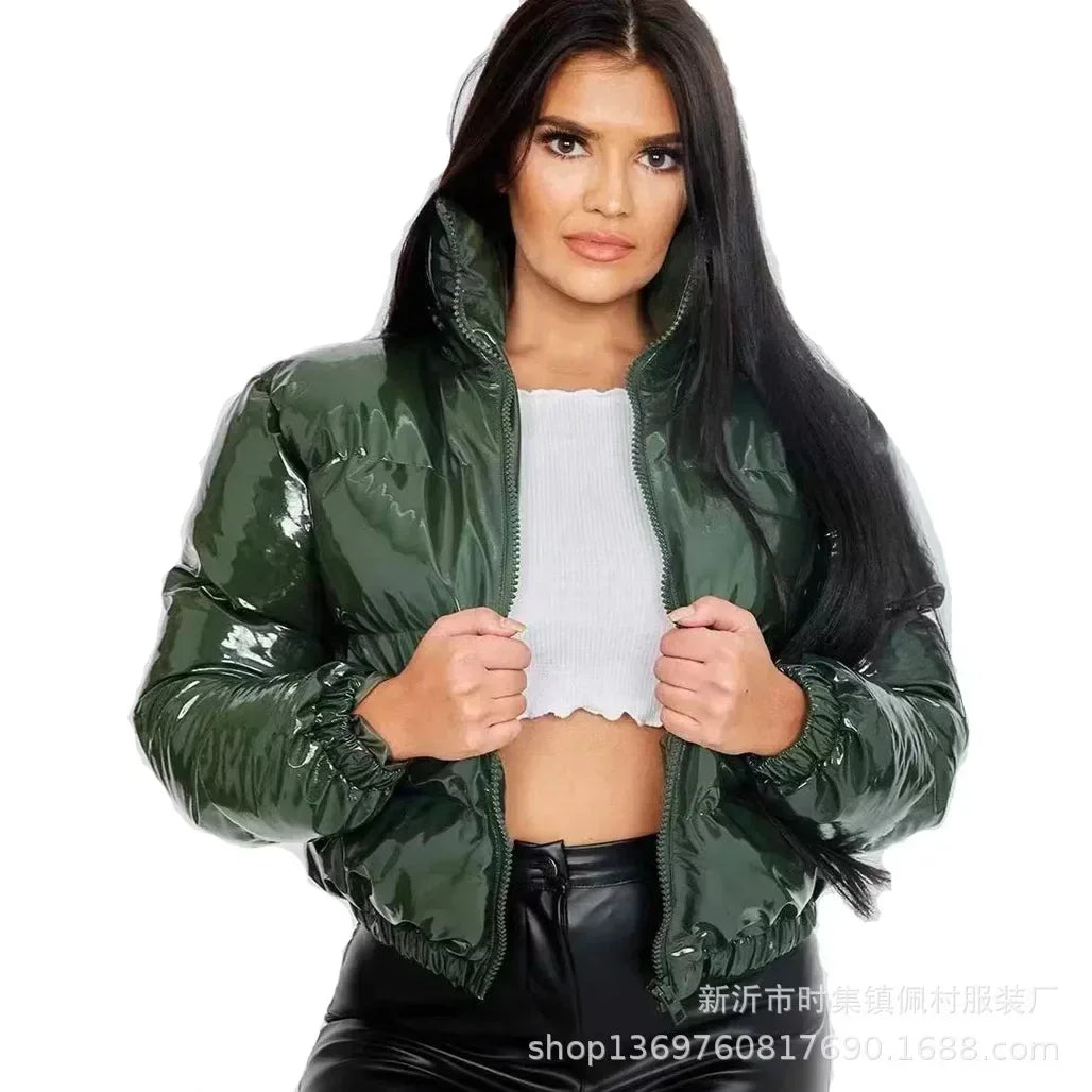 Women Cotton-padded Jacket Jacket Fashion Casual Glossy Long Sleeve Autumn And Winter Stand Collar Short Zipper Sexy Warm Street