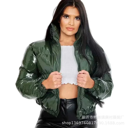Women Cotton-padded Jacket Jacket Fashion Casual Glossy Long Sleeve Autumn And Winter Stand Collar Short Zipper Sexy Warm Street