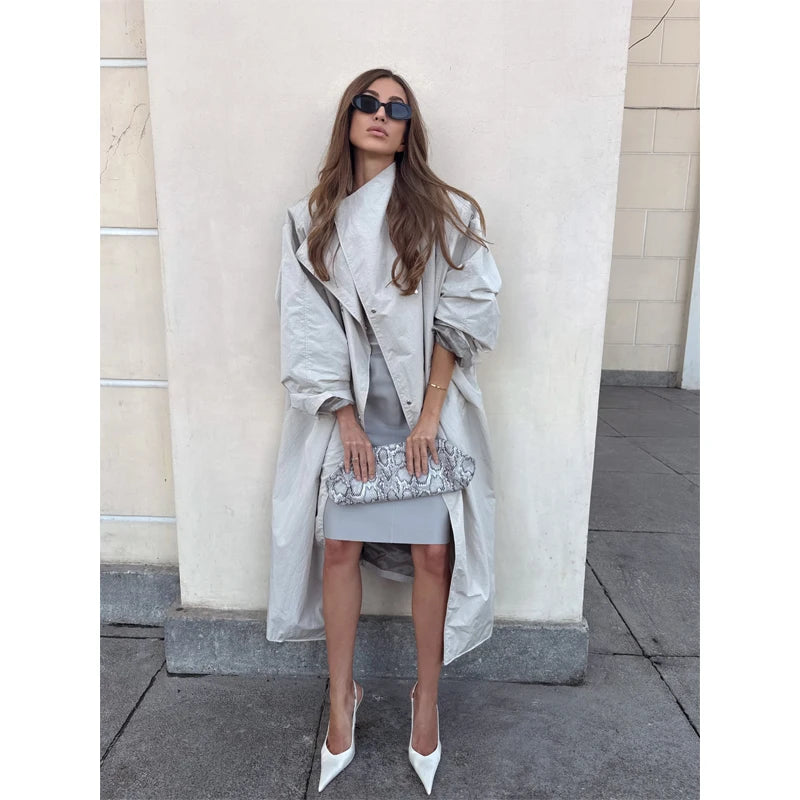 Women Casual Long Trench Coat with Lapel Collar Single-Breasted Batwing Sleeves Windbreaker New Streetwear Oversized Outerwear
