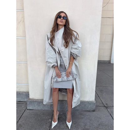 Women Casual Long Trench Coat with Lapel Collar Single-Breasted Batwing Sleeves Windbreaker New Streetwear Oversized Outerwear