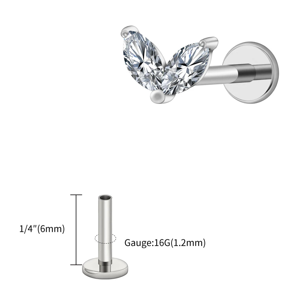 Right Grand ASTM F136 Titanium Tiny Double Marquise CZ Labret Stud Earring 16G Heart CZ Cartilage Helix Tragus Conch Piercing