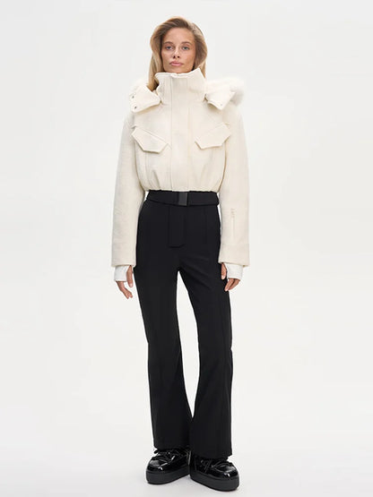 Fur Trim Hooded Flap Pocket Wool-Blend Ski Jumpsuit Patchwork Full Length 2025 Winter Fashion New Causal Warm Women Skiwear Set