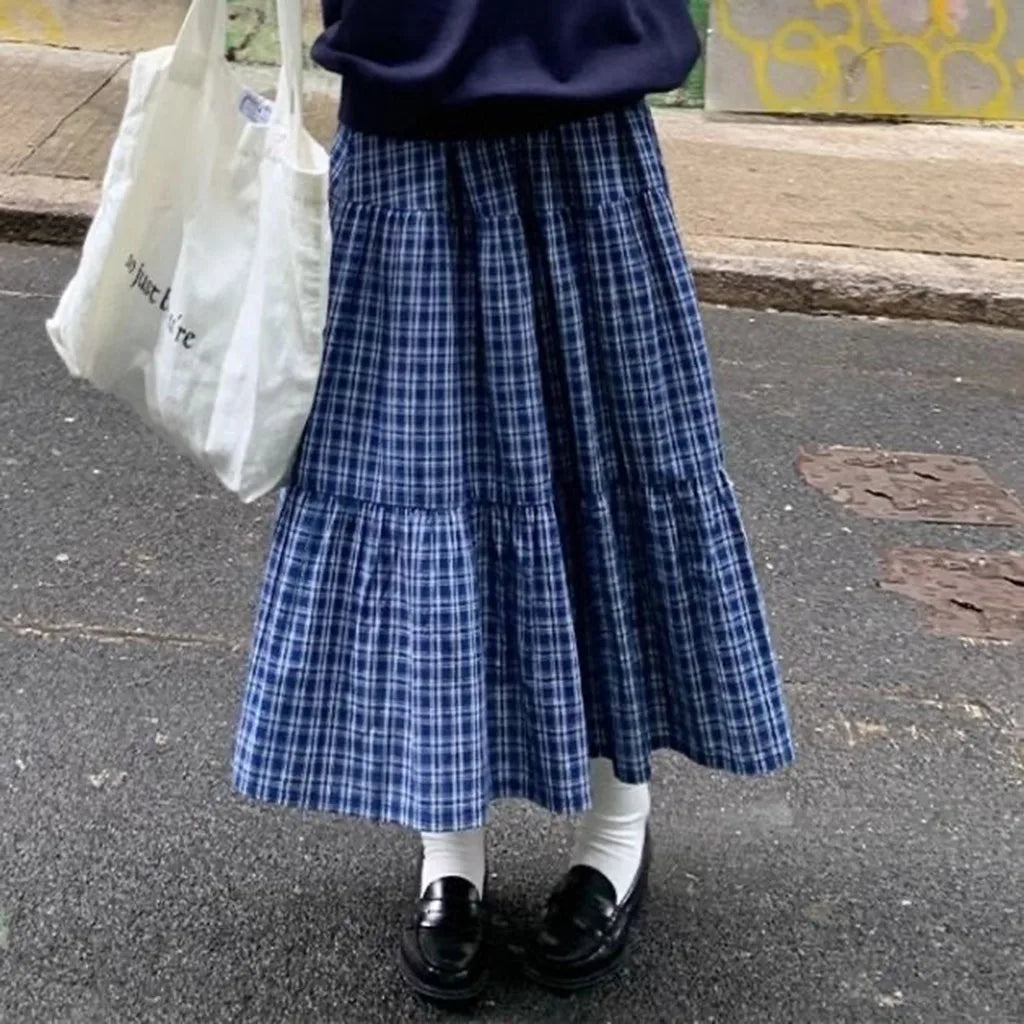 Women Vintage Blue Plaid Tiered Long Skirt High Waist Loose Pleated Maxi Skirt Casual A Line Flowy Ruffled Hem Midi Skirt Street