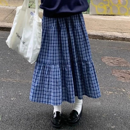 Women Vintage Blue Plaid Tiered Long Skirt High Waist Loose Pleated Maxi Skirt Casual A Line Flowy Ruffled Hem Midi Skirt Street