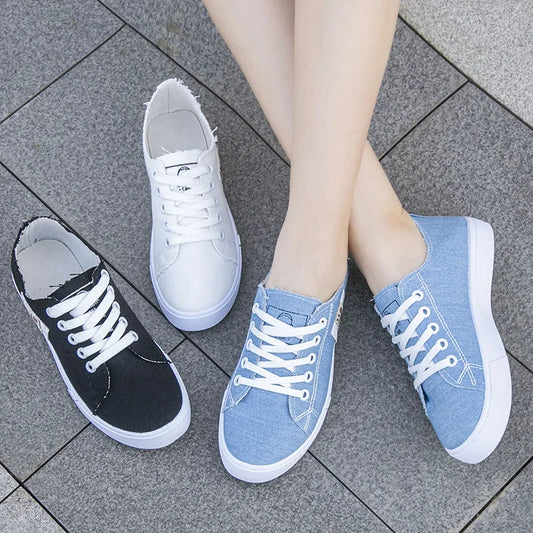 2027 Spring Summer Women Canvas Sneaker Low Top Denim Sneakers Ladies Lace-Up Flat Canvas Board Shoes Female Sapatos Femininos