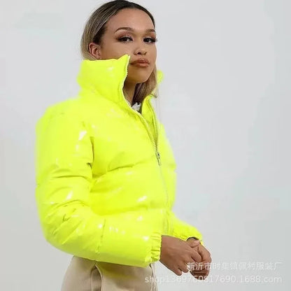 Women Cotton-padded Jacket Jacket Fashion Casual Glossy Long Sleeve Autumn And Winter Stand Collar Short Zipper Sexy Warm Street