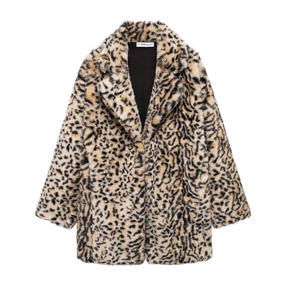 Leopard Print Warm Faux Fur Coat Women Fashion Keep Warm Lapel Collar Long Sleeves Thick Fur Coats Winter New Female Streetwear
