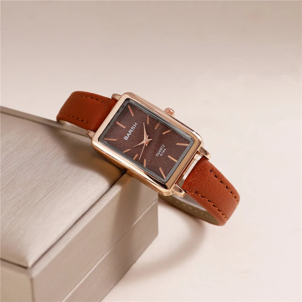 Fashion Rectangle Dial Quartz Women Leather Watch