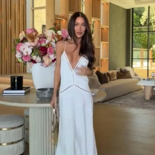 Elegant White Deep V Neck Spaghetti Strap Maxi Dress Women Waist Cutout A-Line Long Dress 2026 Summer Beach Vacation Party Robe