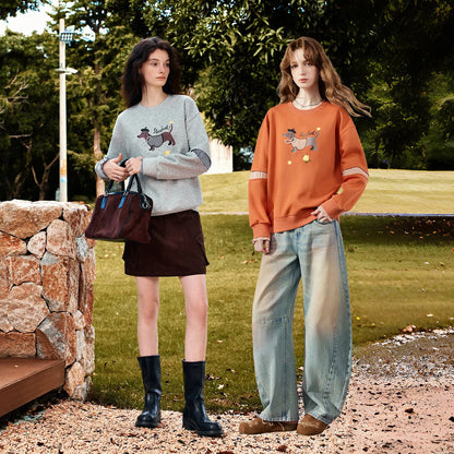 TOYOUTH Women's Sweatshirt 2026 Autumn New Loose Deconstructed Faux Two-Piece Plaid Dachshund Print Vintage Pullover Top