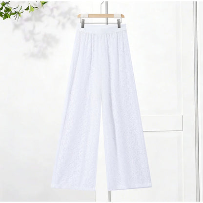 See Through Lace Vest Pant Set Women Beach Sling  Tops Pleated Straight Pants 2026 Summer Vacation Hollow Out Lady Suits