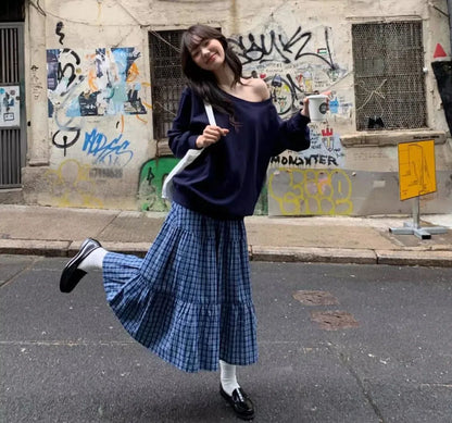 Women Vintage Blue Plaid Tiered Long Skirt High Waist Loose Pleated Maxi Skirt Casual A Line Flowy Ruffled Hem Midi Skirt Street