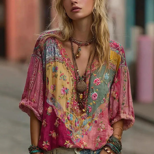 Spring And Summer Vacation Style Loose Print Bohemian V-neck Top Shirt 2026 Fashion New Spring And Summer