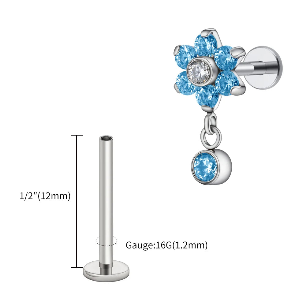 Right Grand ASTM F136 Titanium 16G Flower CZ Drop Dangle Flat Earring Tragus Helix Lobe Stud Piercing Jewelry