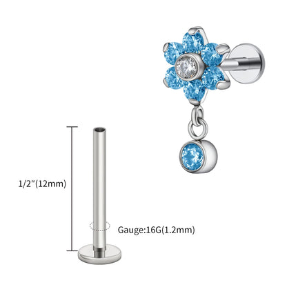 Right Grand ASTM F136 Titanium 16G Flower CZ Drop Dangle Flat Earring Tragus Helix Lobe Stud Piercing Jewelry