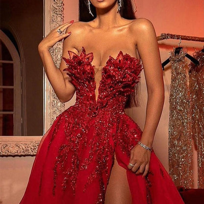 Elegant Women's Evening Maxi Dresses Sexy Backless Off Shoulder Red V Neck Side Slit Glitter Sequins Prom Party Long Dress