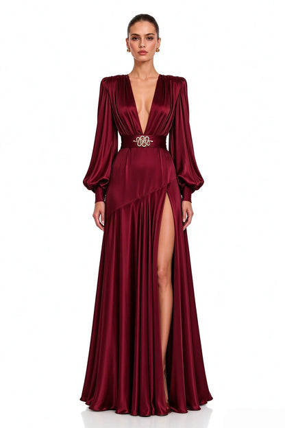 Elegant Floor Length Satin Evening Dress Women Deep V Neck Puff Long Sleeve Maxi Gown For Brazilian Ball Cocktail Party Wedding