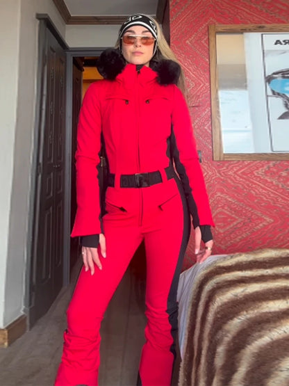 Casual Fur-Trimmed Hooded Ski Suit Women Fashion Belted Slim Full Sleeve Warm Jumpsuits Female 2026 Winter Snow Bodysuit Lady